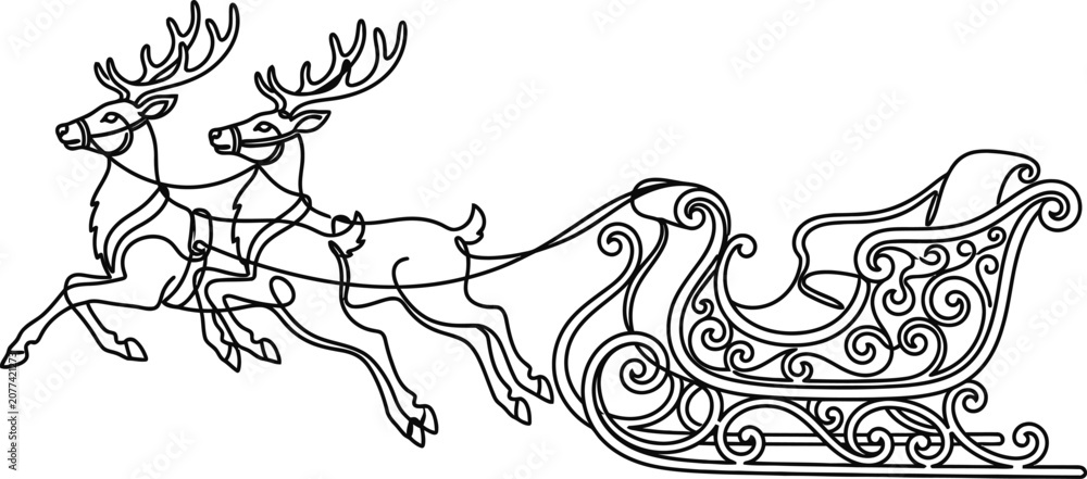 Obraz premium Christmas Reindeer Pulling an Ornate Santa Claus Sleigh Line Art.