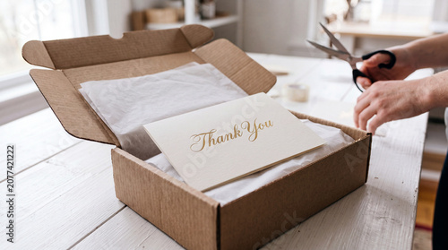 An open cardboard shipping box sits on a white wooden table with tissue paper and a 