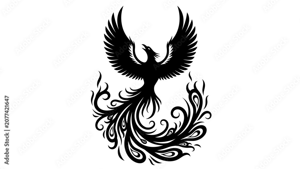 Fototapeta premium Black and White Phoenix Bird Silhouette Illustration