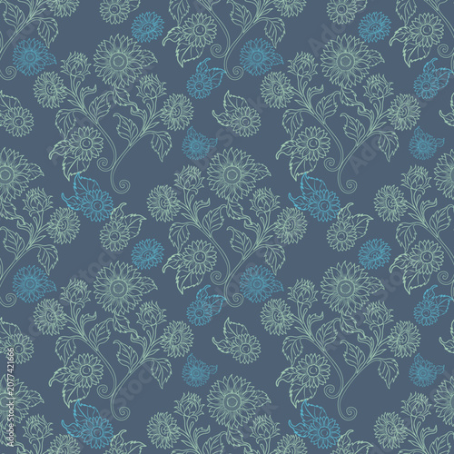 A sophisticated seamless pattern featuring delicate hand-drawn sunflower illustrations on a deep navy blue background.