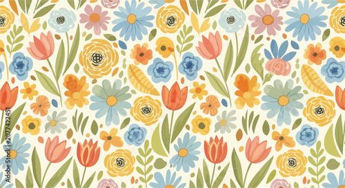 Whimsical garden composition filled with bright cheerful watercolor blooming flowers