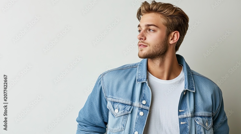Fototapeta premium Stylish young man in denim jacket studio portrait