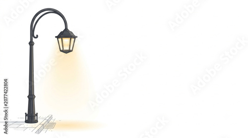 Vintage street lamp post vector illustration with warm light on sidewalk isolated on white background