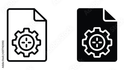 Document file icon with gear and crosshair target symbol representing precision data settings and optimized configuration for file management systems in professional vector icon design style