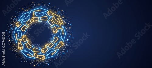 Blue and Gold Graduation Circle Frame Glowing on Dark Background with Copy Space