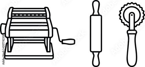 Pasta Maker Machine, Rolling Pin, and Ravioli Cutter Outline Icon Set