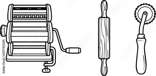 Pasta Maker and Kitchen Utensils Set Line Art Vector