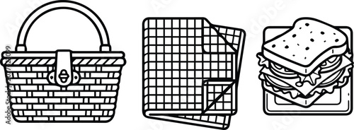 Set of 3 Black and White Picnic Icons Vector