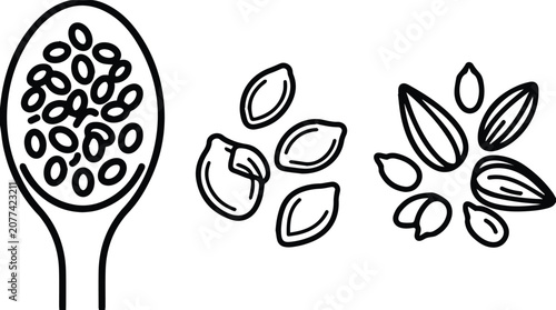 Black and White Outline Drawing of Various Seeds and Spoon