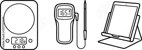 Set of 3 Food Measurement Devices and Tablet Stand Line Icons Vector