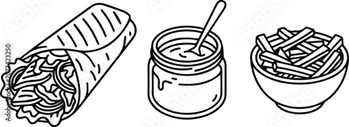 Shawarma Wrap, Sauce Jar, and French Fries Outline Vector Icon Set