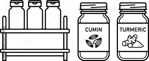 Spice Jars and Rack Black Line Icon Set Vector