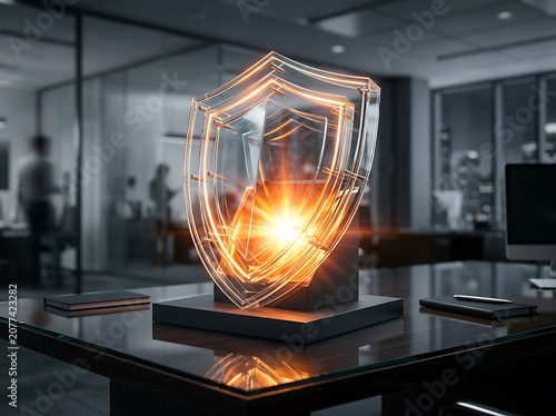 Glowing glass shield sculpture on a modern office desk with a blurred background