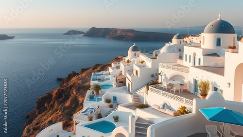 Iconic white buildings and blue domes of Oia, Santorini, Greece, overlooking the Aegean Sea at sunset.