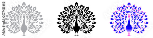Peacock with beautiful feather silhouette Clipart Icon, logo, symbol, clipart vector illustration. PNG. Editable stroke. A colorful peacock.