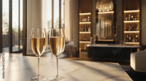 Two champagne flutes in a luxurious modern interior setting