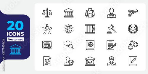 Billede på lærred Twenty linear icons representing law justice legal proceedings courtroom symbols and governmental authority administrative tools