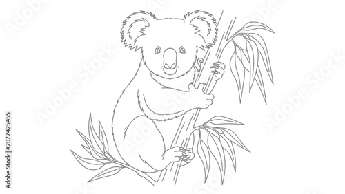 Photography Cute Koala Bear Drawing on Eucalyptus Branch Line Art