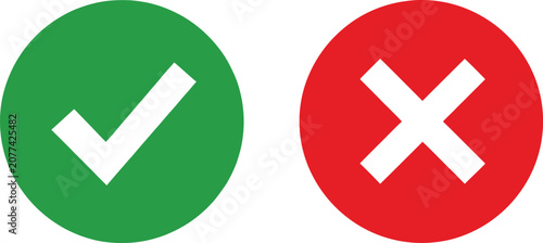 Green check mark and red cross sign icon set for survey choice and correct or wrong selection