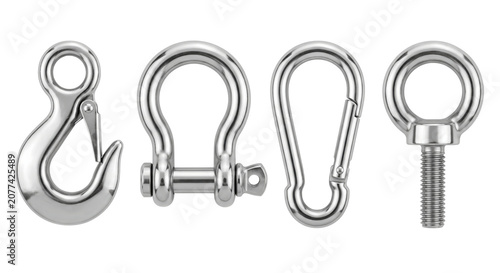 Fotografie Stainless steel rigging hardware including hook shackle carabiner and eyebolt