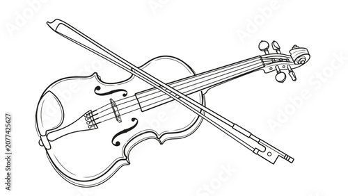 Fotografie Classic Violin with Bow Line Art Illustration