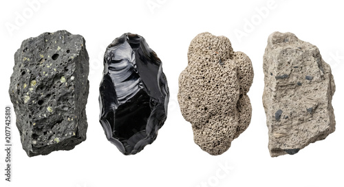Fotografie Assorted natural rocks and minerals including obsidian and pumice