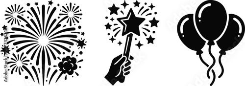 Celebration Icons Set - Fireworks, Magic Wand, Balloons Black Silhouette Vector