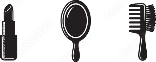Beauty Icons Set - Lipstick, Hand Mirror, Hair Comb Black Silhouette Vector