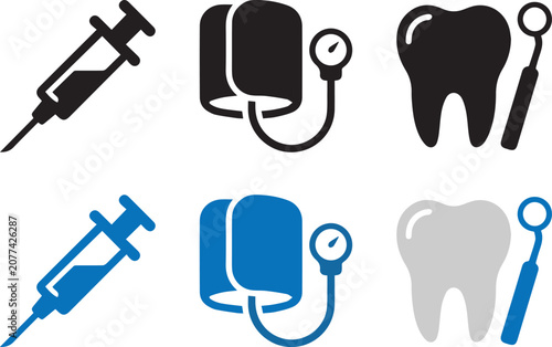 Medical & Dental Icons Set - Syringe, Blood Pressure, Tooth, Dental Mirror Vector