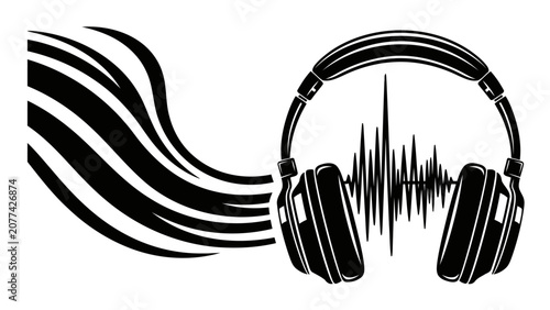 Tableau sur toile Headphones with Sound Wave and Abstract Flow Lines