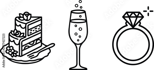 Set of 3 Wedding and Celebration Outline Icons Vector