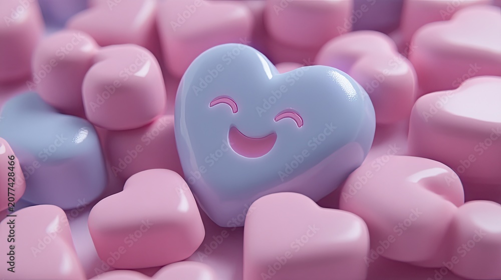Obraz premium Happy purple heart among pink hearts valentines day romantic cheerful design