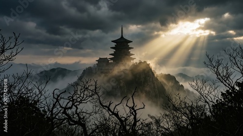 Ancient Japanese Pagoda Temple on Misty Mountain Peak with Dramatic Sunbeams and Dark Clouds