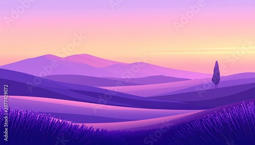 Serene lavender landscape with rolling hills and a lone tree at sunset
