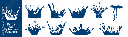Blue liquid droplets and splashes set. S on transparent background.
