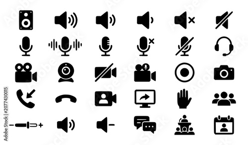 Schilderij op canvas Speaker Mic and Video Camera Glyph Icons Vector Collection for Webinar and Video