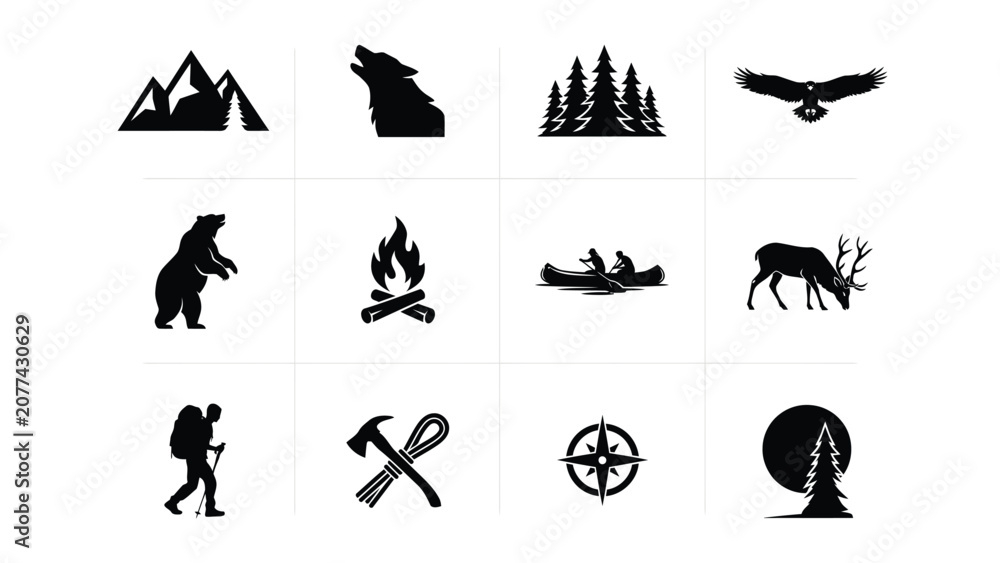 Obraz premium Minimalist black silhouette icons showcase wilderness adventure elements with hiking wildlife