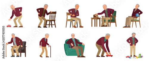 Cuadro en lienzo Elderly man suffering from back pain and lumbar issues in various daily poses, s
