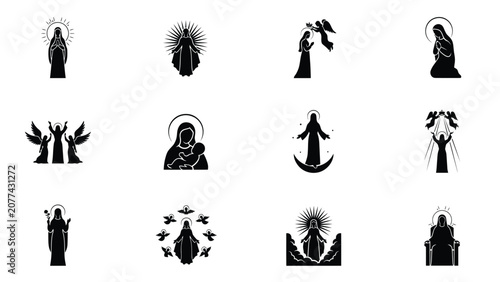 Obraz na płótnie Elegant black silhouette icons of reverent religious figures embracing divine gr
