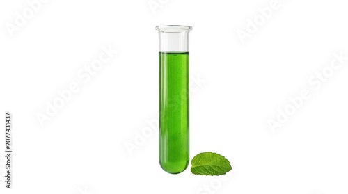 Glass test tube filled with bright green liquid chemical isolated on transparent background