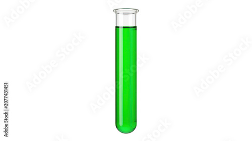 Glass test tube filled with bright green liquid isolated on transparent background