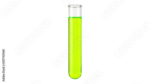 Glass test tube filled with bright green liquid isolated on transparent background