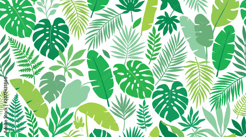 Naklejka premium tropical leaves vector background featuring monstera, palm leaves, banana leaves, fern foliage