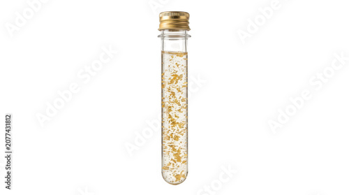 Glass test tube filled with small gold flakes isolated on transparent background