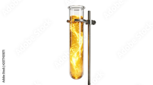 Glass test tube with glowing yellow liquid in a metal stand isolated on transparent background