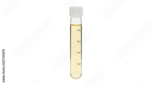 Glass test tube filled with yellow liquid sample isolated on transparent background