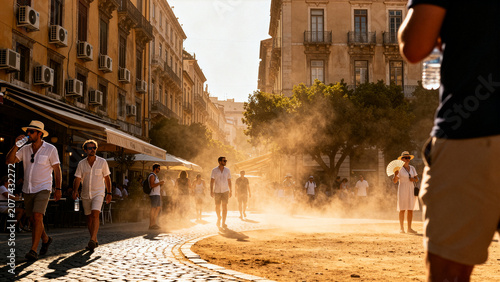 Candid street photograph of midday summer heat in a European city with heat haze above asphalt.