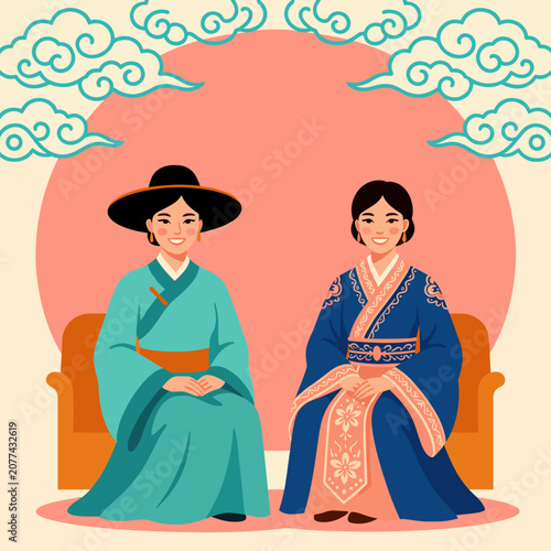 Two Traditional Dressed Women Seated on Ornate Chairs Against Sunset Sky with Cloud Motifs