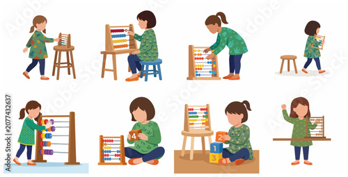Little girl learning math and counting with an abacus and numbered blocks, educational vector illustration set for early childhood development