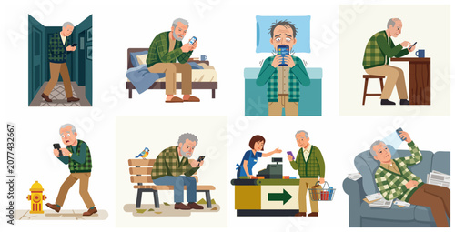 Bild auf Leinwand Senior man suffering from smartphone addiction and digital distraction in variou